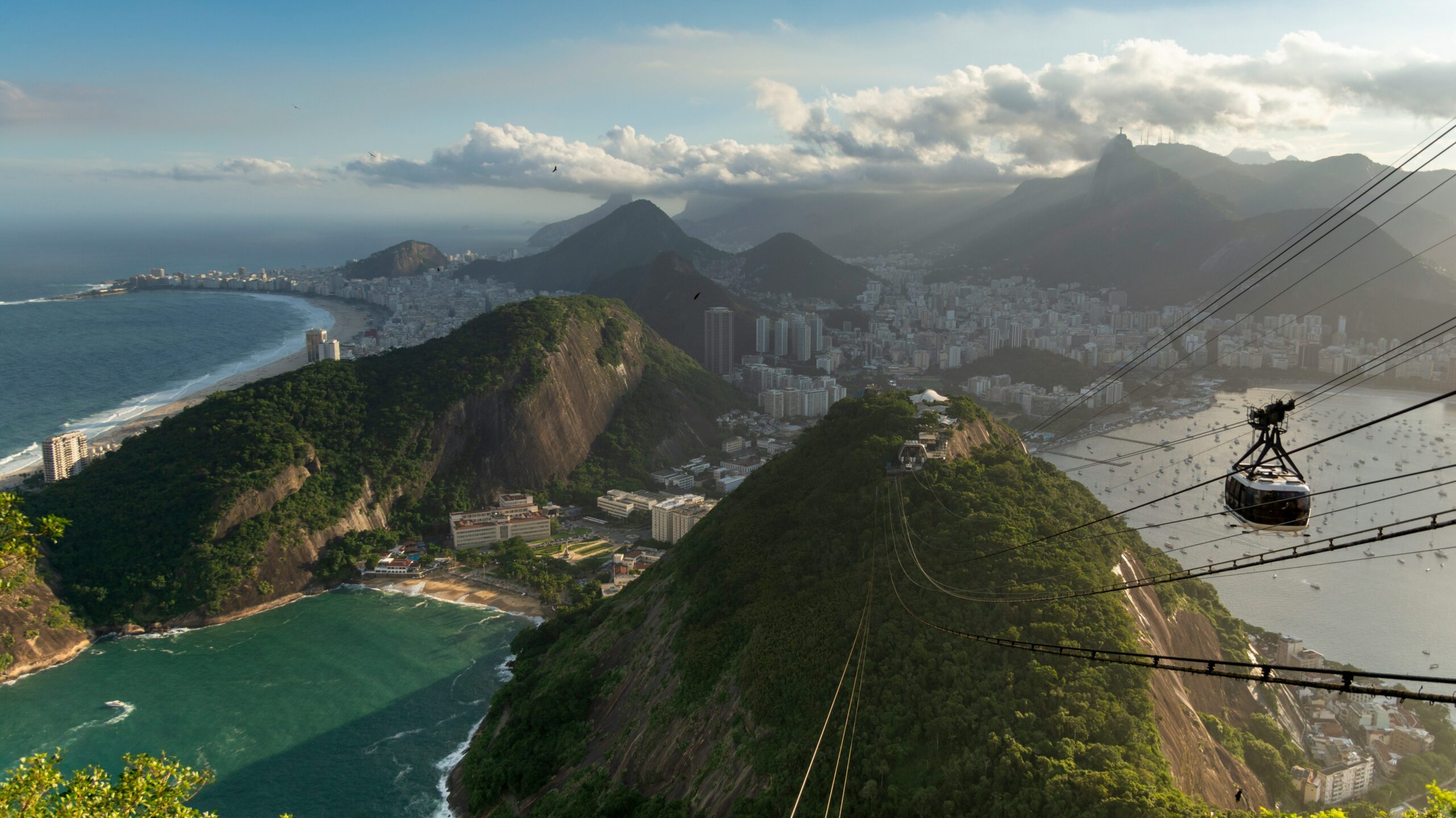 A breathtaking view of Rio de Janeiro from Sugarloaf Mountain, featuring cable cars, lush green hills, Copacabana Beach, and the expansive cityscape under a blue sky with scattered clouds.