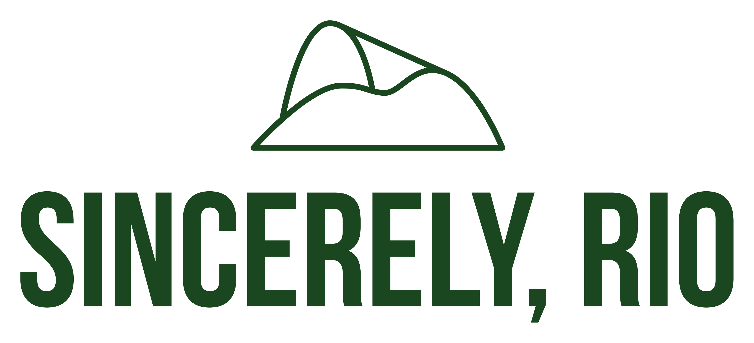 Sincerely Rio Website logo. Horizontal version of the logo, made of an image of the Sugarloaf on top, followed below by sincerely, rio words. Green lines and fonts in transparent background.